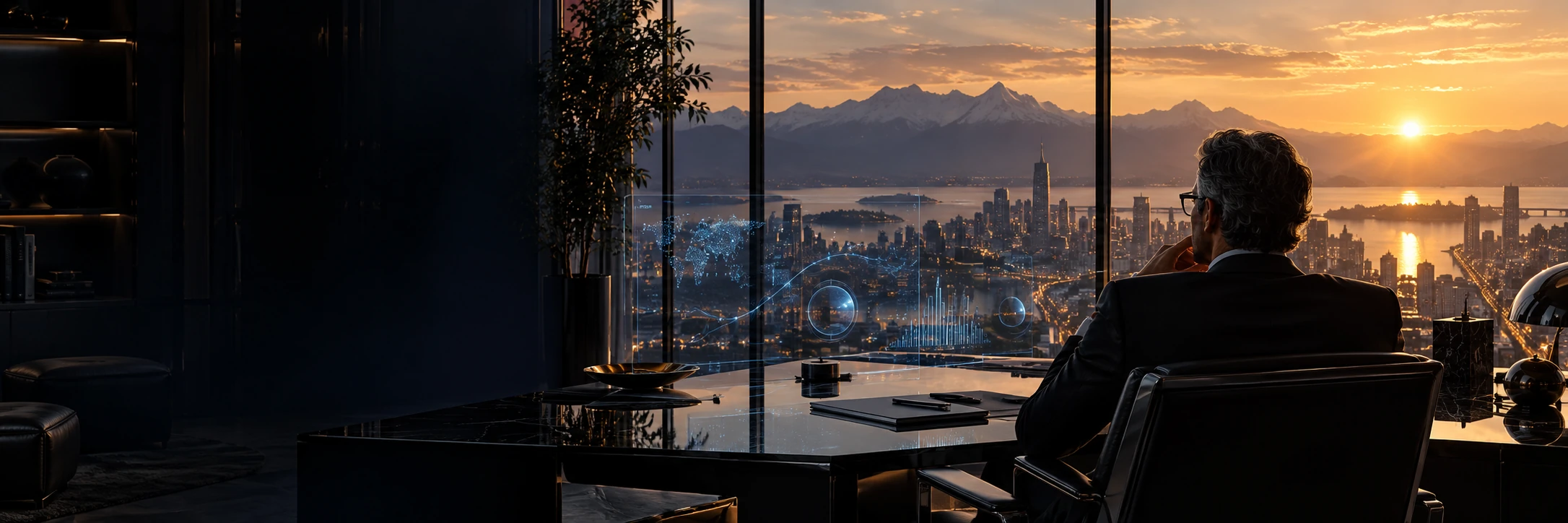 Generated Marco AI Agent campaign artwork: a business leader and a sunset city skyline